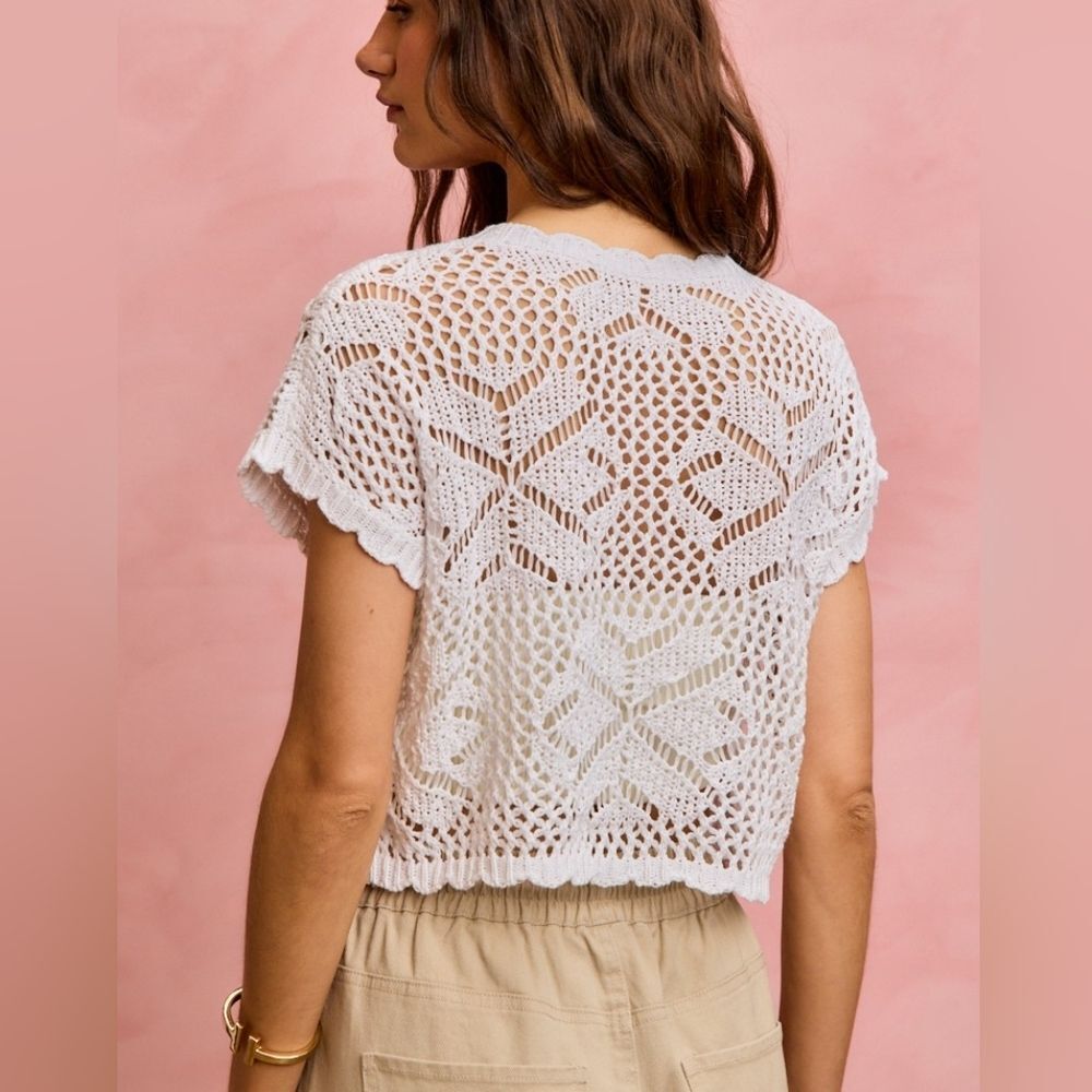 SO ME Crochet Scallop Edge Short Sleeves Open Knit White Top Sz M L XL - Picture 7 of 11